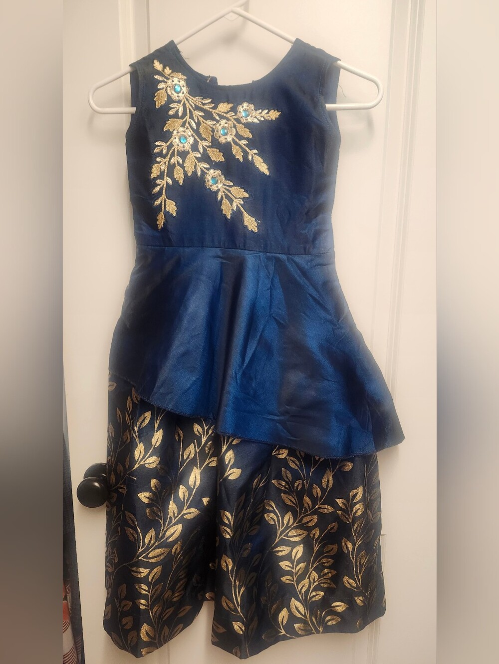 Indian Long Navy Blue Floral Gold-Embellished Girls' Gown
